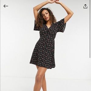 ASOS DESIGN button up tie back mini tea dress with angel sleeve in cherry print